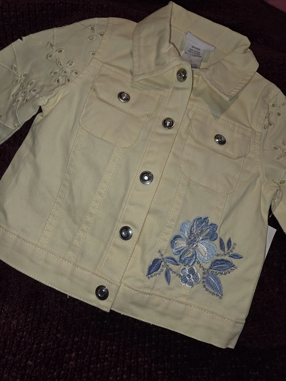 B5- Little Lass Girls Yellow Eyelet Denim Jacket Embroidered Floral
